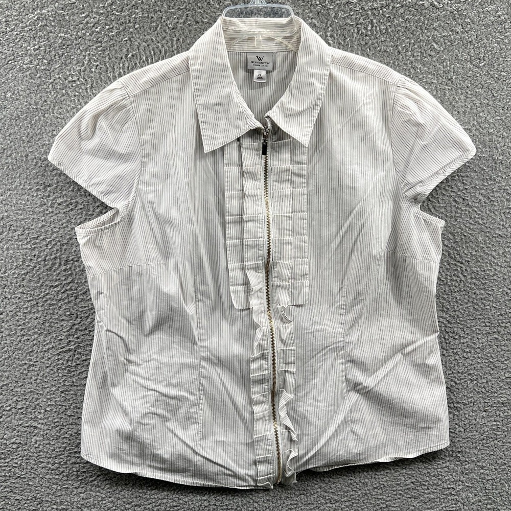 Womens Pinstripe Zip Front Blouse 2X Plus Preppy Polished Office Career Workwear
